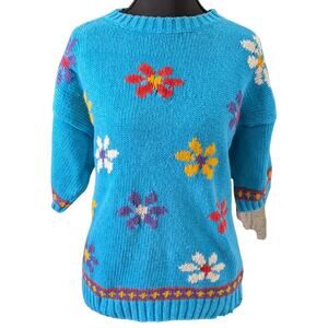 Honors Apparel Knitted Blue Floral Pullover Sweater | Women's M
